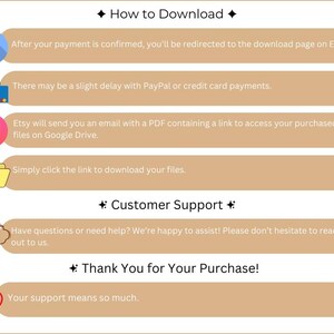 An informational graphic for Etsy customers titled "How to Download." It outlines the step-by-step process of receiving a Google Drive link via PDF after payment is confirmed. The page also features a "Customer Support" section offering assistance and a "Thank You for Your Purchase" message with a heart icon. The design uses soft tan bubbles and clear icons (download, credit cards, email, folder) for a user-friendly experience.