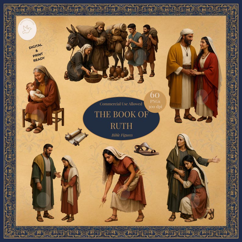 A digital product thumbnail for "The Book of Ruth Bible Figures" collection, featuring 60 high-quality PNG images at 300 dpi. The central oval title is surrounded by detailed clipart of biblical characters including Naomi holding baby Obed, Ruth and Boaz as a couple, Ruth gleaning barley, and Ruth clinging to Naomi. The image has a vintage parchment background with a blue and gold ornamental border.