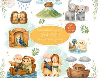 Noah's Ark Clipart Set, Old Testament PNG, Children Bible Story Illustrations, Christian Clipart Bundle, Sunday School Digital Download