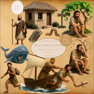 Jonah and the Great Fish – Bible Story Clipart, Old Testament Characters, Jonah and the Whale Clipart, Sunday School, Christian PNGs