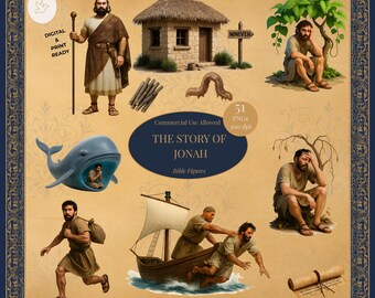 Jonah and the Great Fish – Bible Story Clipart, Old Testament Characters, Jonah and the Whale Clipart, Sunday School, Christian PNGs