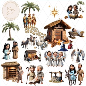 Conjunto de clipart do nascimento de Jesus | Cena da Natividade, personagens da história da Bíblia, Reis Magos e PNGs cristãos, presente digital para artesãos, clipart cristão