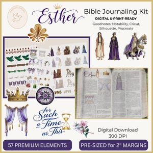 Könnte beinhalten: Ein digitales Bibel-Journaling-Kit mit dem Namen "Esther" und dem Text "Für eine Zeit wie diese". Das Kit enthält Illustrationen und dekorative Elemente. Es ist für Goodnotes, Notability, Cricut, Silhouette und Procreate konzipiert.