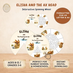 Op de afbeelding: Een interactief draaiwiel voor kinderen van 8-12 jaar, met het verhaal van Elisa en de bijl. Het ontwerp bevat illustraties en tekst uit 2 Koningen 6:1-7, geformatteerd voor A4. Perfect voor zondagsschool en thuisonderwijs.