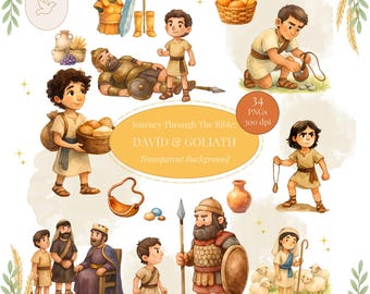 David and Goliath Clipart: Old Testament PNG, Biblical Characters PNG, Watercolor Bible Story Clipart, Sunday School Clipart for Kids