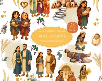 Ruth and Naomi Clipart Set: Watercolor Bible Story Clipart, Old Testament PNG, Biblical Characters PNG, Sunday School Clipart for Kids