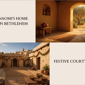 A digital preview page featuring two interior and exterior architectural backgrounds from the Book of Ruth collection. The top image shows "Naomi’s Home in Bethlehem," a warm, sunlit interior with stone floors, a simple rug, and a view of an olive tree through a wide arched doorway. The bottom image shows a "Festive Courtyard," a stone-walled outdoor plaza decorated with green garlands for a wedding celebration, featuring wooden tables laden with bowls of fruit and grain.