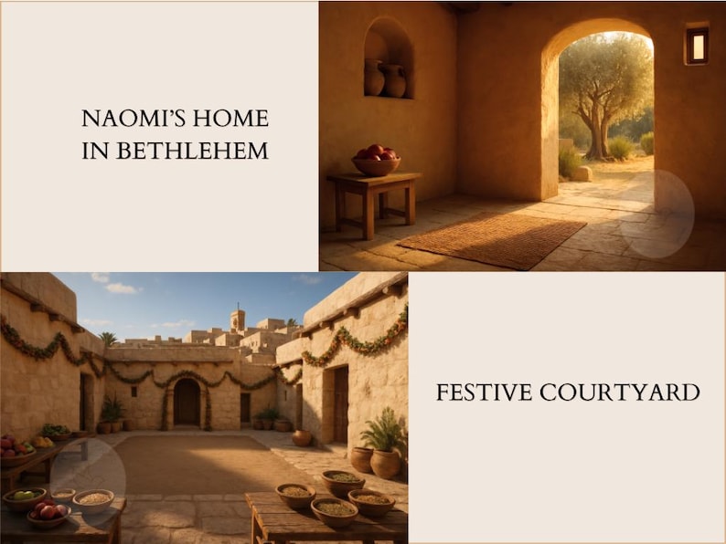 A digital preview page featuring two interior and exterior architectural backgrounds from the Book of Ruth collection. The top image shows "Naomi’s Home in Bethlehem," a warm, sunlit interior with stone floors, a simple rug, and a view of an olive tree through a wide arched doorway. The bottom image shows a "Festive Courtyard," a stone-walled outdoor plaza decorated with green garlands for a wedding celebration, featuring wooden tables laden with bowls of fruit and grain.