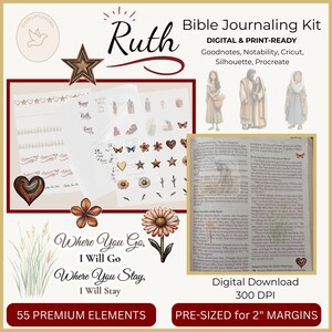 Peut inclure: Un kit de journalisation biblique numérique avec le nom "Ruth" en écriture cursive. Il comprend des autocollants, des illustrations et du texte, avec la phrase "Where You Go, I Will Go". Le kit est prêt à être imprimé et contient 55 éléments premium.