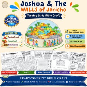 Joshua and The Walls Of Jericho Bible Craft, Interactive Paper Craft, Bible Story Activity Pack for Sunday School, Homeschool, Bible Lessons