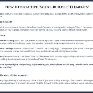 An instructional page titled "New: Interactive 'Scene-Builder' Elements!" explaining how to use functional overlays and set pieces. The text describes how to use the city gate, wedding canopy, and atmospheric overlays like "Dust & Chaff" or "Starry Night" to create depth and mood in digital scenes. It includes a "Quick Tip" section on using the starry night overlay at 70-80% opacity to create a midnight effect. The layout is clean with professional blue and white typography.