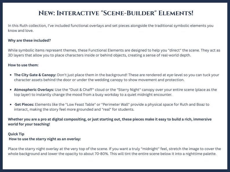 An instructional page titled "New: Interactive 'Scene-Builder' Elements!" explaining how to use functional overlays and set pieces. The text describes how to use the city gate, wedding canopy, and atmospheric overlays like "Dust & Chaff" or "Starry Night" to create depth and mood in digital scenes. It includes a "Quick Tip" section on using the starry night overlay at 70-80% opacity to create a midnight effect. The layout is clean with professional blue and white typography.