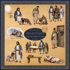 May include: A digital art collection depicting scenes from the Bible, with figures in robes, a small building, and text that reads "THE LIFE OF JESUS Jesus The Teacher & Healer Bible Figures". The image is framed with a decorative border.