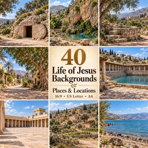 Könnte beinhalten: Eine digitale Sammlung von 40 Hintergründen zum Leben Jesu mit verschiedenen historischen Landschaften, Steinstrukturen und Wasserszenen. Der zentrale Text lautet 40 Life of Jesus Backgrounds, Places & Locations, 16:9, US Letter, A4.