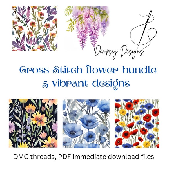 Cross stitch PDF flower bundle, 5 patterns wonderful vibrant flowers, using DMC threads each under 30 colours.