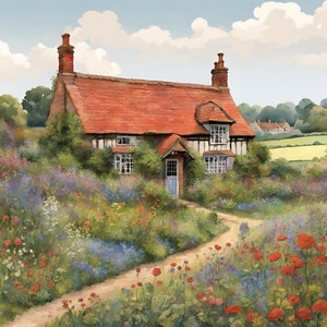 May include: A red brick cottage with a white trim and a green roof sits nestled in a field of wildflowers. The cottage has a small garden in front of it and a path leading up to the front door.