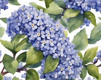 May include: Watercolor painting of a blue flower cluster with green leaves. The flowers are arranged in a loose, flowing pattern, and the leaves are a vibrant green.
