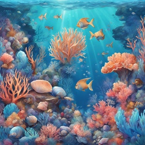 Pode incluir: Uma cena subaquática com recifes de coral coloridos, peixes e conchas. O coral é em tons de rosa, laranja e vermelho, e os peixes são azuis, amarelos e laranja. Também há algumas conchas brancas no fundo do oceano.