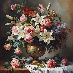 May include: A still life painting depicting a gold urn filled with a colourful floral arrangement. The bouquet features pink roses, white lilies, and other blooms. The flowers are arranged on a table covered with a white cloth, creating a classic aesthetic.