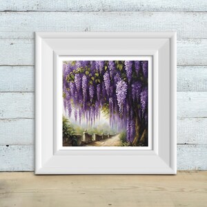 May include: A framed painting of a wisteria-covered path. The artwork features a pathway lined with a stone wall, leading into the distance. The wisteria blooms are a vibrant purple, cascading down from the trees, creating a serene and picturesque scene.