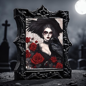 May include: A framed illustration of a woman with dark hair and a black raven perched on her shoulder. She is wearing a black dress and has red roses around her. The background is a light cream color with a floral pattern.