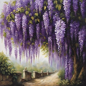May include: An oil painting depicts a pathway lined with a stone wall, leading into a misty background. Overhead, a wisteria tree with cascading purple flowers and green leaves creates a natural archway. The artwork evokes a serene, garden-like atmosphere.