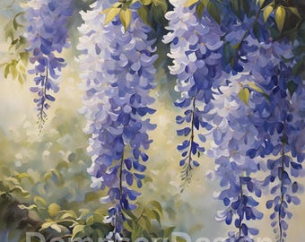 May include: An oil painting of wisteria flowers in shades of purple and white, cascading downwards. Green leaves and branches frame the floral display against a soft, blurred background. The artwork is signed in the bottom left corner and includes the text "DempseyDesign".