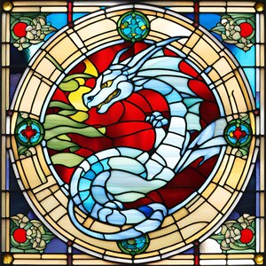 May include: A stained glass window featuring a white dragon with blue accents, set within a circular frame with yellow, red, and green details.