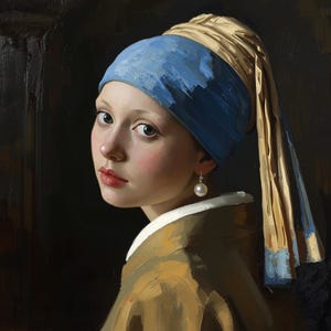 Puede incluir: Retrato de una persona joven con piel clara, que lleva un pañuelo azul y amarillo y un pendiente de perla. La persona se gira, mirando por encima del hombro. El fondo es oscuro y la persona lleva una chaqueta color mostaza.