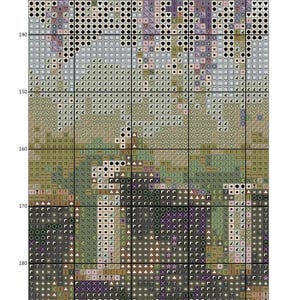 May include: A cross-stitch pattern titled "Wisteria Walled Garden" with a grid of squares filled with various symbols and colors. The design features shades of purple, green, and brown, with text at the top and bottom.