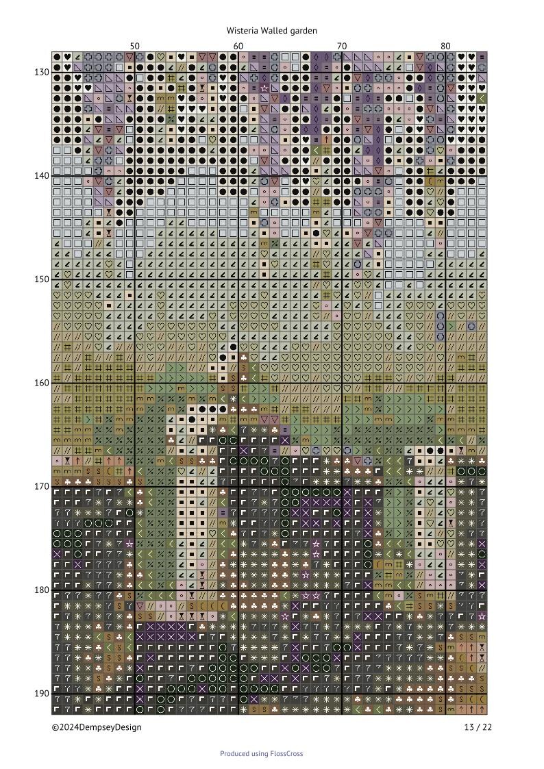 May include: A cross-stitch pattern titled "Wisteria Walled Garden" with a grid of squares filled with various symbols and colors. The design features shades of purple, green, and brown, with text at the top and bottom.