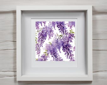 May include: A framed print featuring a watercolor painting of purple wisteria flowers. The flowers are arranged in a repeating pattern on a white background.