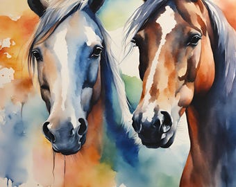 以下が含まれることがあります： 2 頭の馬の頭を描いた水彩画。左側の馬は白の星形の模様のある灰色で、右側の馬は白の星形の模様のある茶色です。両方の馬は暗い目と鼻をしています。