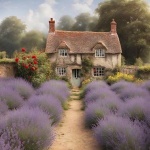 May include: A charming stone cottage with a green door sits nestled amongst a field of lavender. The cottage has a thatched roof and windows with white trim. A path leads to the front door, lined with lavender on either side.
