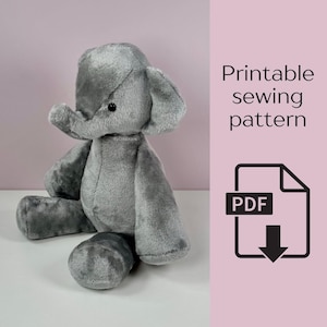 Elinor Elephant, wykrój na pluszowego zwierzaka, wzór do szycia w formacie PDF z instrukcją krok po kroku, cyfrowy wzór do pobrania