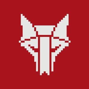 May include: A pixelated white wolf head on a red background.