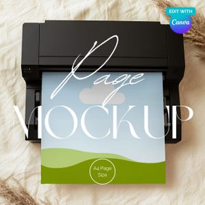 May include: A black printer with a white sheet of paper coming out of it. The paper has a blue sky with a white cloud and green grass. The text "Page Mockup" is written in white on the paper. The text "A4 Page Size" is written in black on the paper.