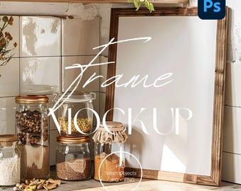 A4 Ramka Mockup Rustykalna Kuchnia, Sztuka Ścienna Wiejska PSD, Wyświetlacz Plakatu do Listy Etsy, Scena Sztuki Cyfrowej, Szablon Inteligentnego Obiektu | FR-KI-01