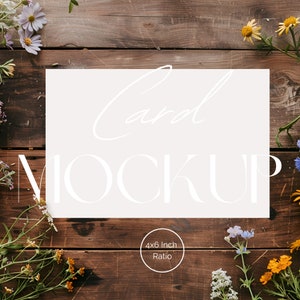 Mockup de cartão horizontal 4x6 | Mockup floral flat lay | Mockup de convite de casamento | Mockup de cartão de agradecimento | Wildflowers Timber | PA-WW-01D