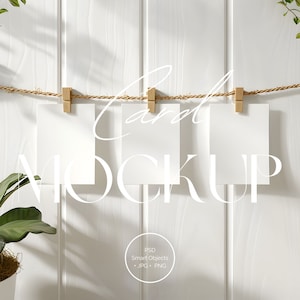 3 Karten auf Zapfen Mockup | Hängende Karten Mockup | Wimpelkette Mockup | Wäscheklammer Mockup | 13x18 Karte Mockup | Minimal weißes Mockup | HC001-02