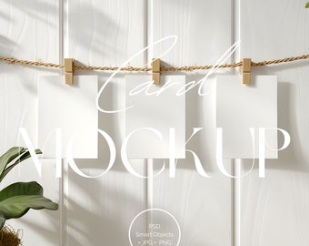 3 Cards on pegs mockup | Hanging Cards Mockup | Card Bunting Mockup | Clothes Peg Mockup | 5x7 Card Mockup | Minimal white Mockup | HC001-02