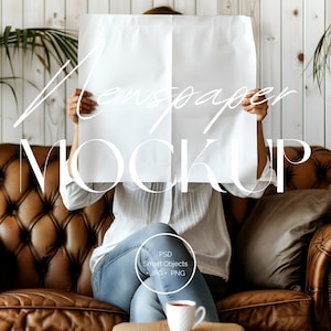 May include: A woman sits on a brown leather couch holding a white folded newspaper in front of her face. The text "Newspaper Mockup" is written in white on the newspaper. The text "PSD Smart Objects JPG + PNG" is written in white on a black rectangle in the lower right corner of the image.