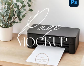 Desk Printer Mockup - A4 Page Mockup - Black Home Printer PSD - Printing Page Smart Object - Scandinavian Style Scene | PR-SC-001