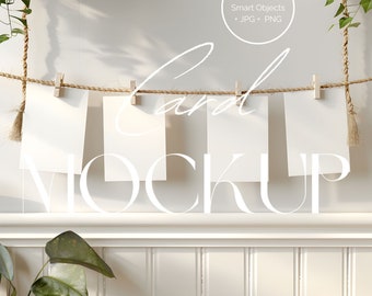 Cards on pegs mockup | 4 card mockup | Four card mockup | minimal card mockup | Wedding seating chart card mockup | Flash card mockup HC001