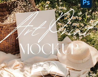 Mockup de impressão de arte para piquenique Boho, mockup de moldura rústica em PSD, download digital minimalista, exibição de impressão com proporção 4x5, cena externa | AR-PI-001