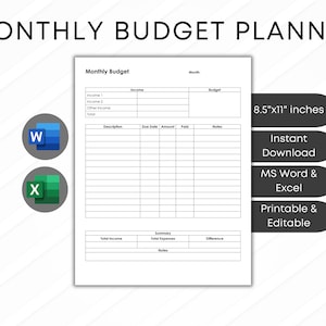 Monthly Budget Planner Word/excel, Printable &amp; Editable, Budget Tracker ...
