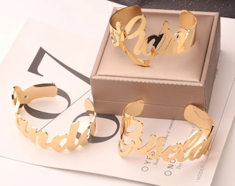 Custom Name Bangle, 18K Gold Plated Name Bracelet, Personalized Name Bracelet, Birthday Gift for Her, Mother's Day Gift, Gift for Mom