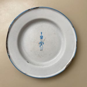 Vintage Kockums Enamelware Child&#39;s Plate from Sweden ~ White & Blue with Toy Soldier