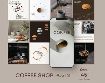 Puede incluir: Un conjunto de plantillas de redes sociales para una cafetería, con imágenes de café, pasteles y equipos de elaboración de café. El texto incluye "COFFEE & PATISSERIE", "COFFEE TIME", "COF:FEE" y "COFFEE SHOP POSTS". Plantillas de Canva.