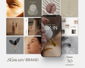 May include: A collage of images promoting a skincare brand called "SK:IN". The images feature close-ups of skin, a dropper bottle of serum, and text about the brand's natural and organic ingredients. The collage is designed in a minimalist style with a neutral color palette.